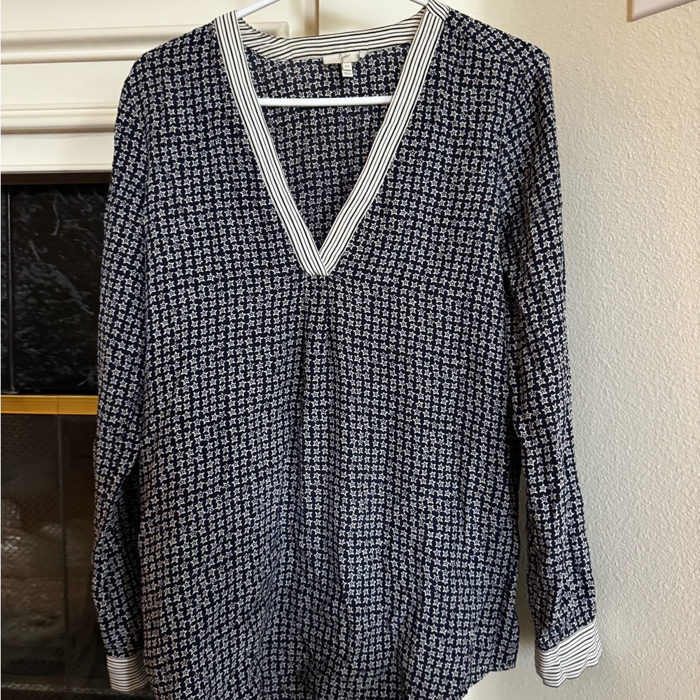 Navy and White V-Neck Blouse